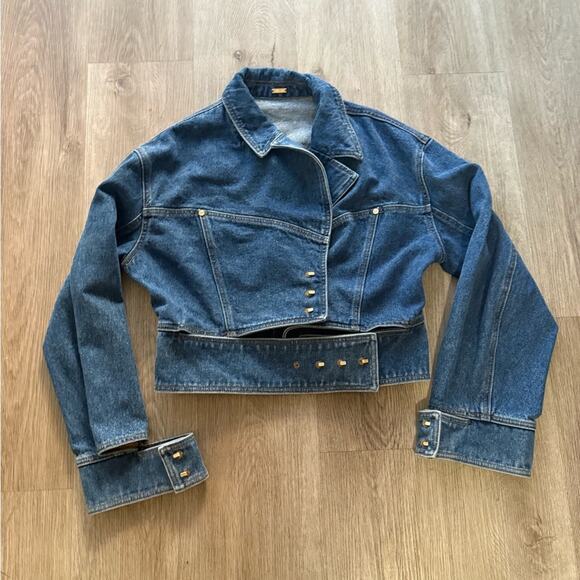 cult gaia georgia blue cut out lapel denim cotton jean jacket coat size large - Picture 6 of 11